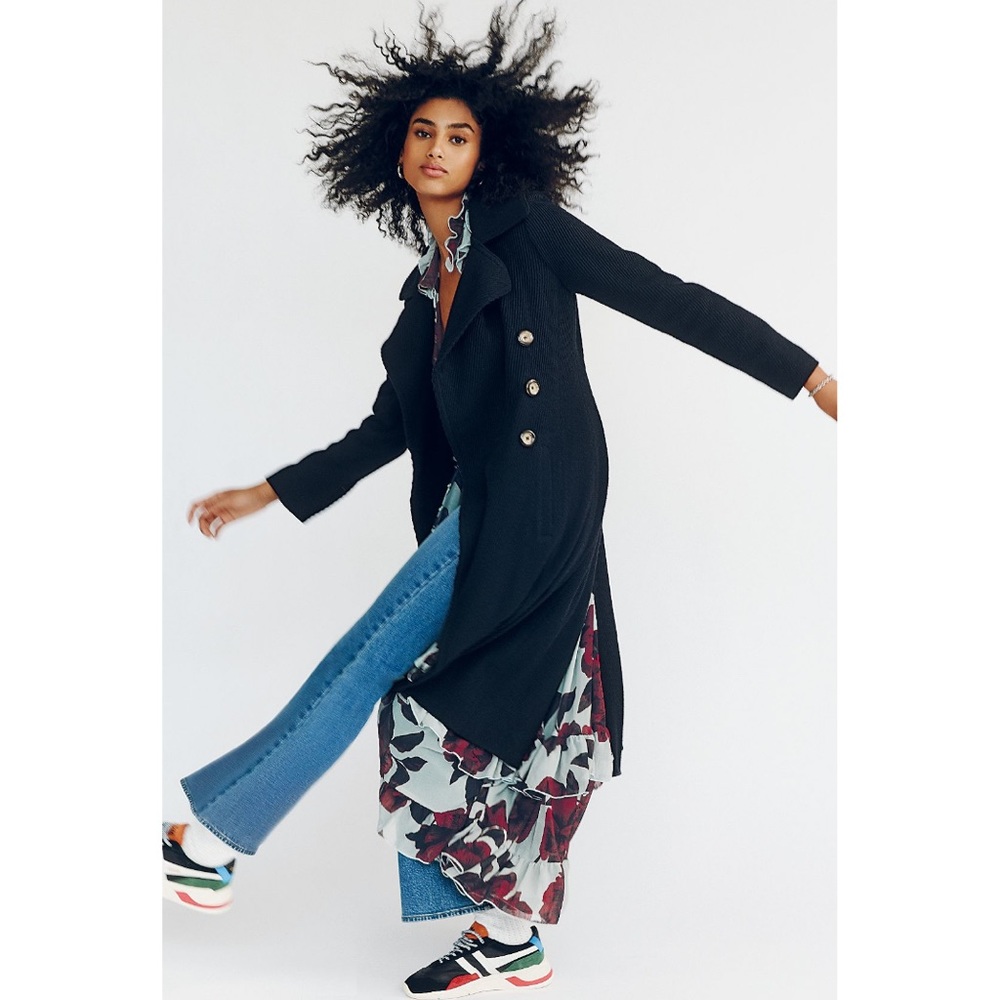 Free People Double Breasted Woven Ribbed Overcoat Longline Coat NWT Navy Blue - Picture 6 of 8
